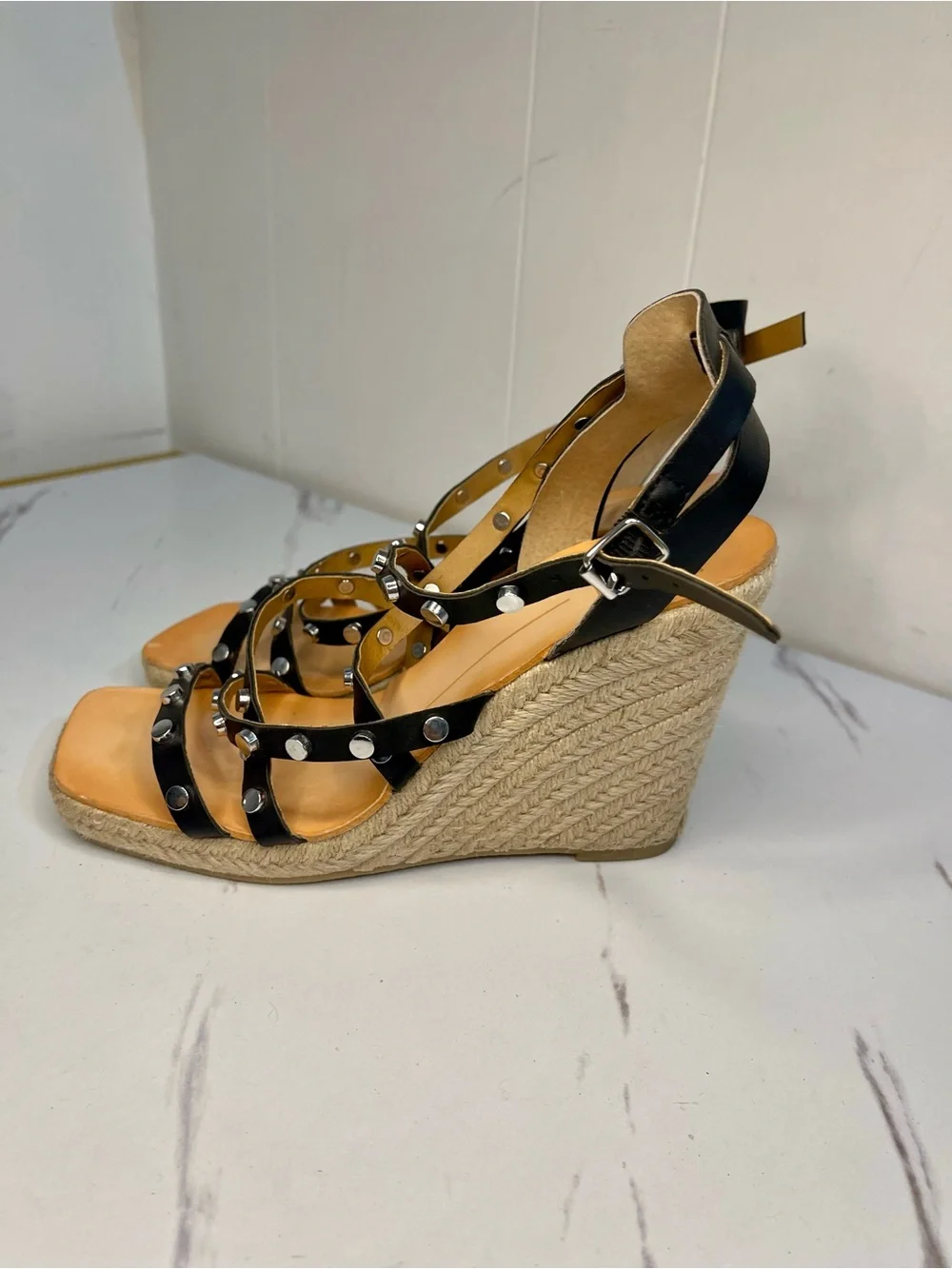 Dolce Vita Black Studded Straps Espadrille Wedge Sandal Size 8